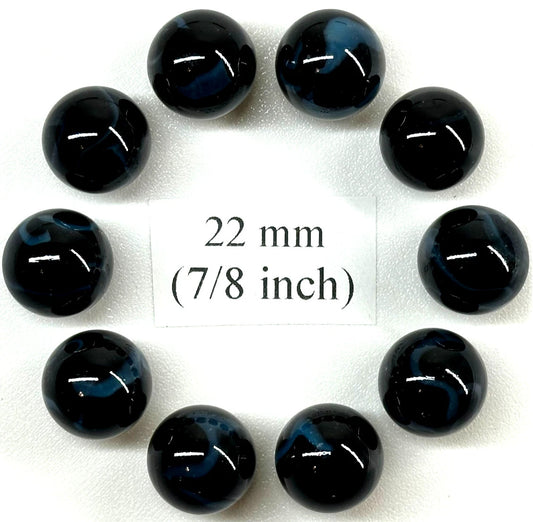 (Lot of 10) SAMURAI Black/Blue Swirl Glass Marbles 22mm (7/8 inch) SHOOTER Taw Lot