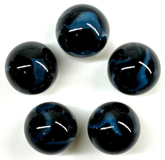 (Lot of 5) SAMURAI Black/Blue Swirl Glass Marbles 22mm (7/8 inch) SHOOTER Taw Lot
