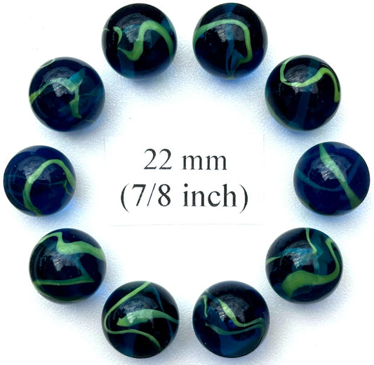 (Lot of 10) SEA TURTLE Blue/Green Clear Swirl Glass Marbles 22mm (7/8 inch) SHOOTER Taw Lot