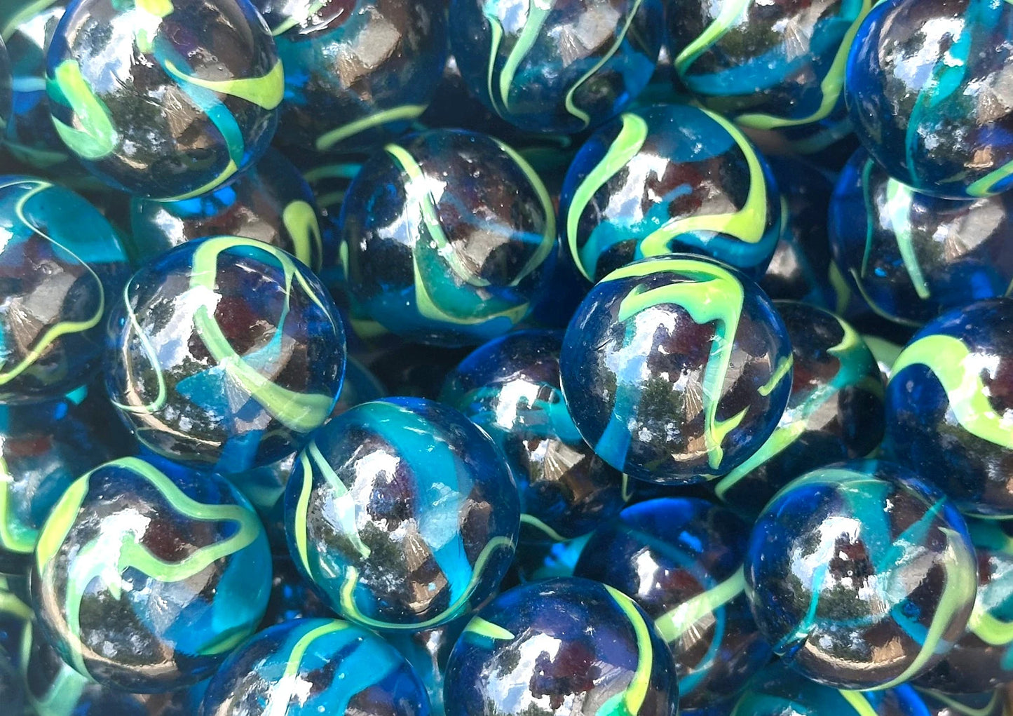 (Lot of 5) SEA TURTLE Blue/Green Clear Swirl Glass Marbles 22mm (7/8 inch) SHOOTER Taw Lot