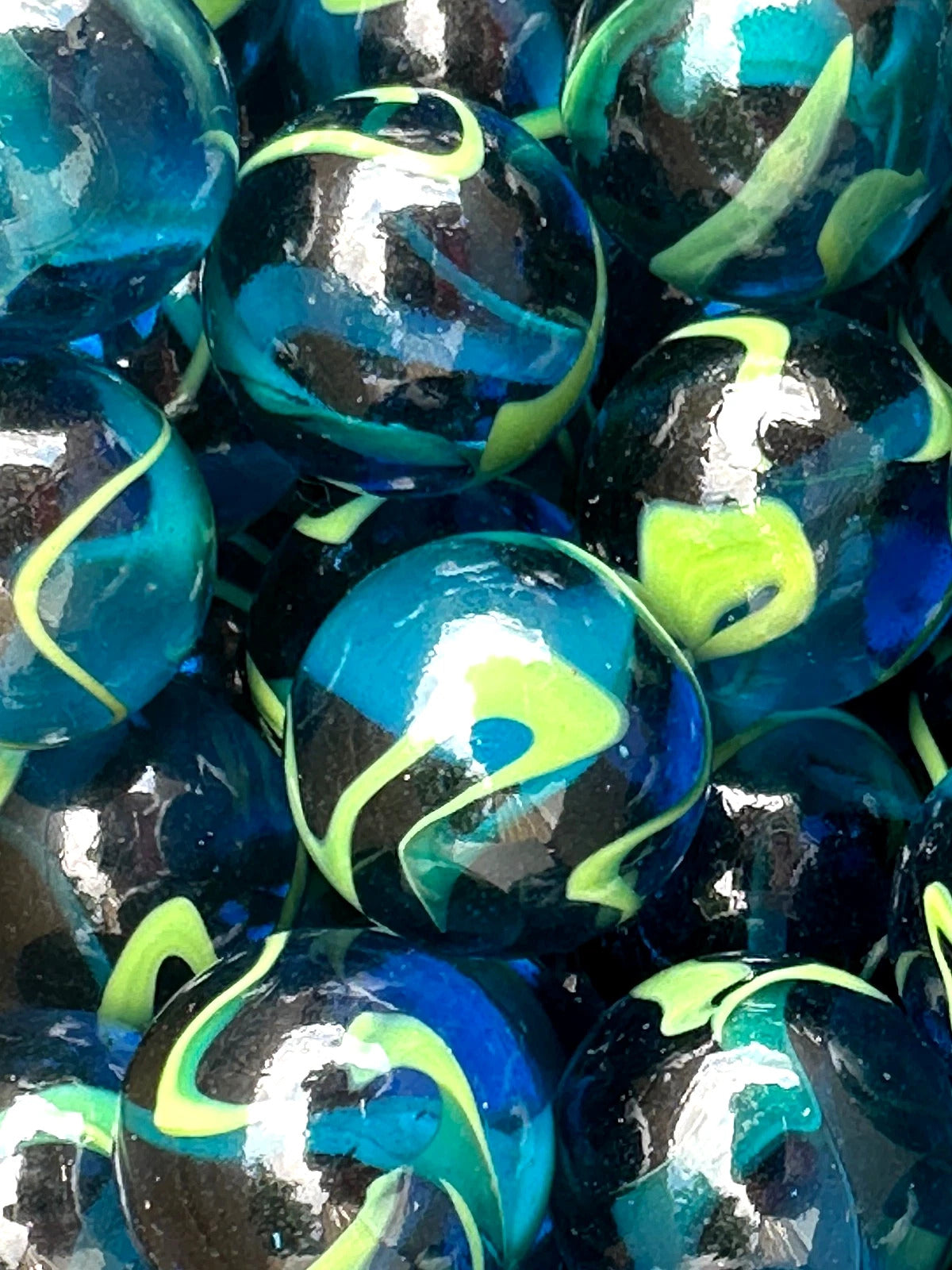 (Lot of 5) SEA TURTLE Blue/Green Clear Swirl Glass Marbles 22mm (7/8 inch) SHOOTER Taw Lot