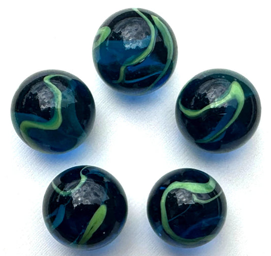 (Lot of 5) SEA TURTLE Blue/Green Clear Swirl Glass Marbles 22mm (7/8 inch) SHOOTER Taw Lot