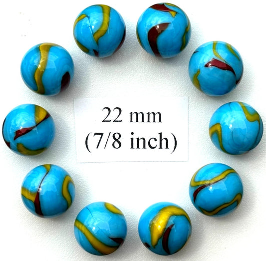 (Lot of 10) SERPENT Blue/Yellow/Red Swirl Glass Marbles 22mm (7/8 inch) SHOOTER Taw Lot