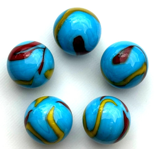 (Lot of 5) SERPENT Blue/Yellow/Red Swirl Glass Marbles 22mm (7/8 inch) SHOOTER Taw Lot
