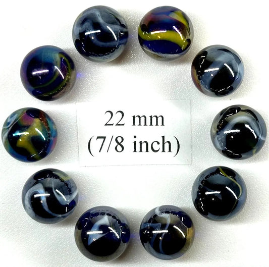 (Lot of 10) SNORKLE Blue/Yellow Iridescent Glass Marbles 22mm (7/8 inch) SHOOTER Taw Lot