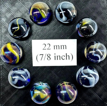 (Lot of 10) SNORKLE Blue/Yellow Iridescent Glass Marbles 22mm (7/8 inch) SHOOTER Taw Lot