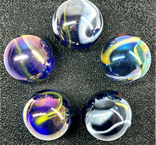 (Lot of 5) SNORKLE Blue/Yellow Iridescent Glass Marbles 22mm (7/8 inch) SHOOTER Taw Lot