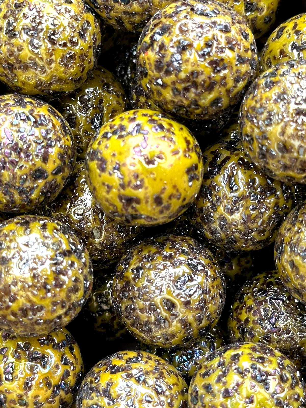 (Lot of 5) SPINOSAURUS Yellow/brown Confetti Swirl Glass Marbles 22mm (7/8 inch) SHOOTER Taw Lot