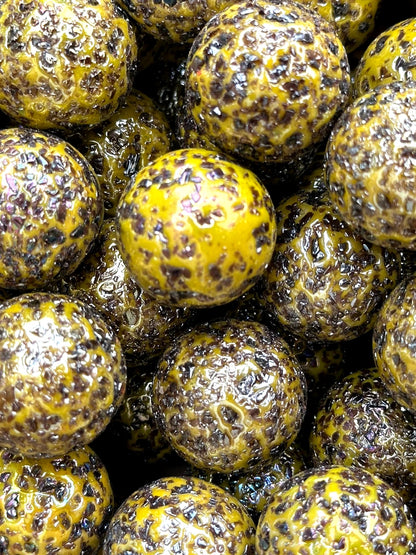 (Lot of 5) SPINOSAURUS Yellow/brown Confetti Swirl Glass Marbles 22mm (7/8 inch) SHOOTER Taw Lot