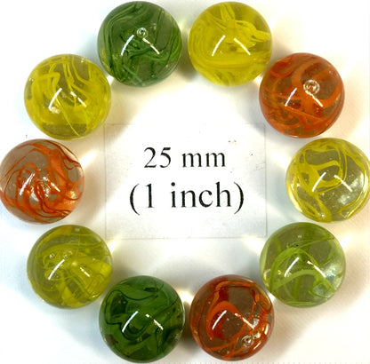 Spaghetti Red/Green/Yellow random color mix Glass Marbles 25mm (1 inch) SHOOTER (Lot of 10)