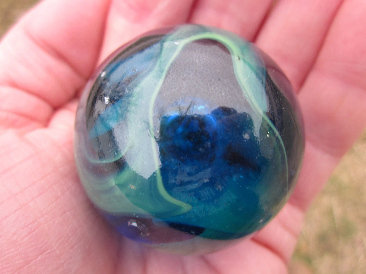 Toe Breaker 50mm (2") SEA TURTLE translucent cobalt blue green swirl Glass Marble