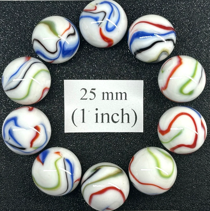 TIE-DYE White/Red/Blue/Green Glass Marbles 25mm (1 inch) SHOOTER Taw Lot