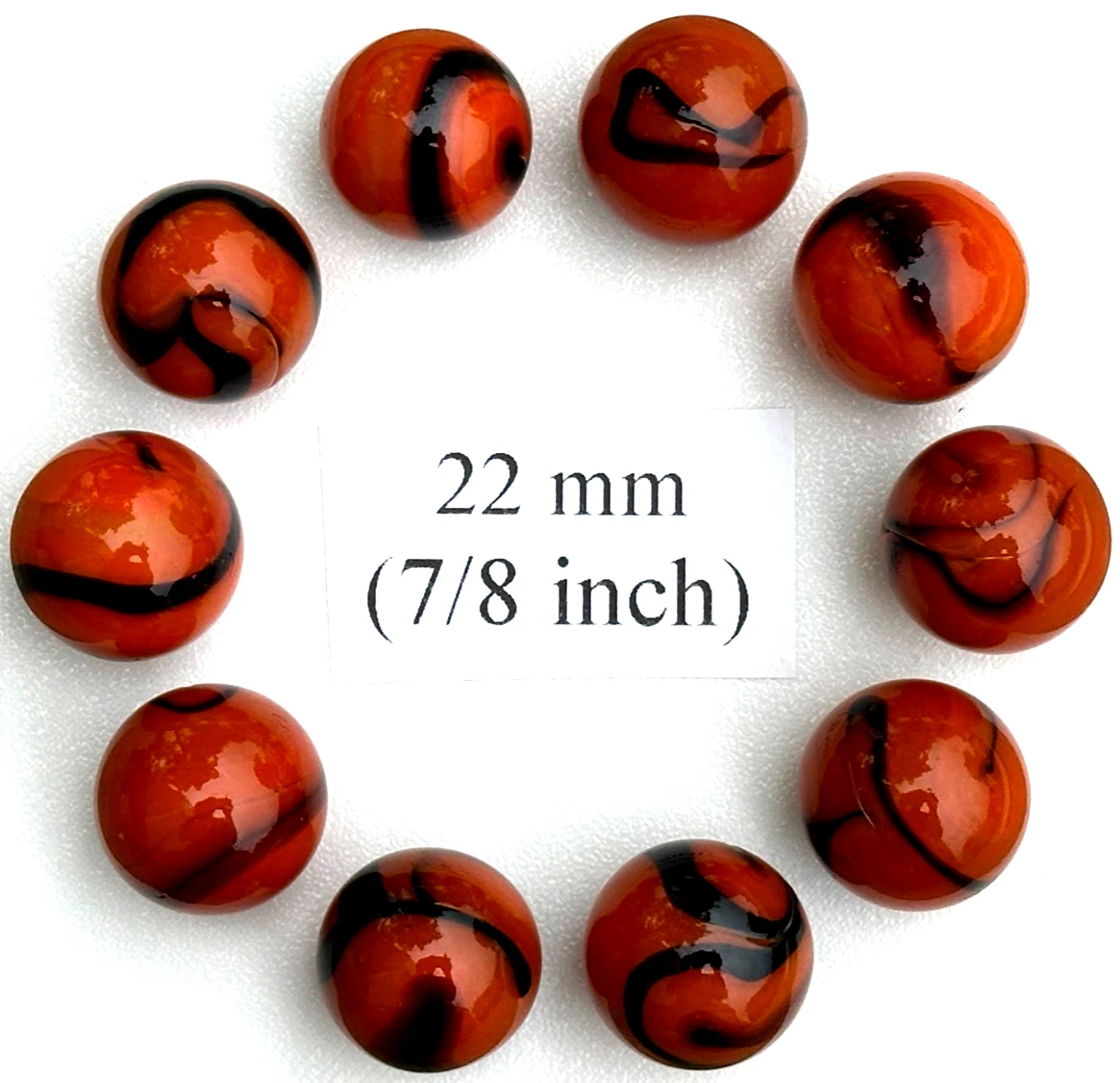 (Lot of 10) BENGAL TIGER Orange/Black Swirl  Glass Marbles 22mm (7/8 inch) SHOOTER Taw Lot