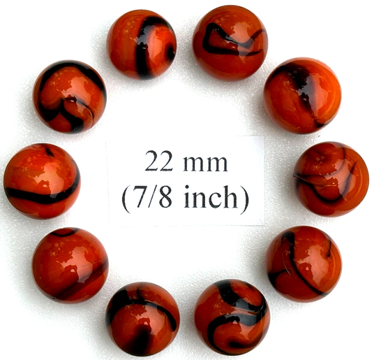 (Lot of 10) BENGAL TIGER Orange/Black Swirl  Glass Marbles 22mm (7/8 inch) SHOOTER Taw Lot