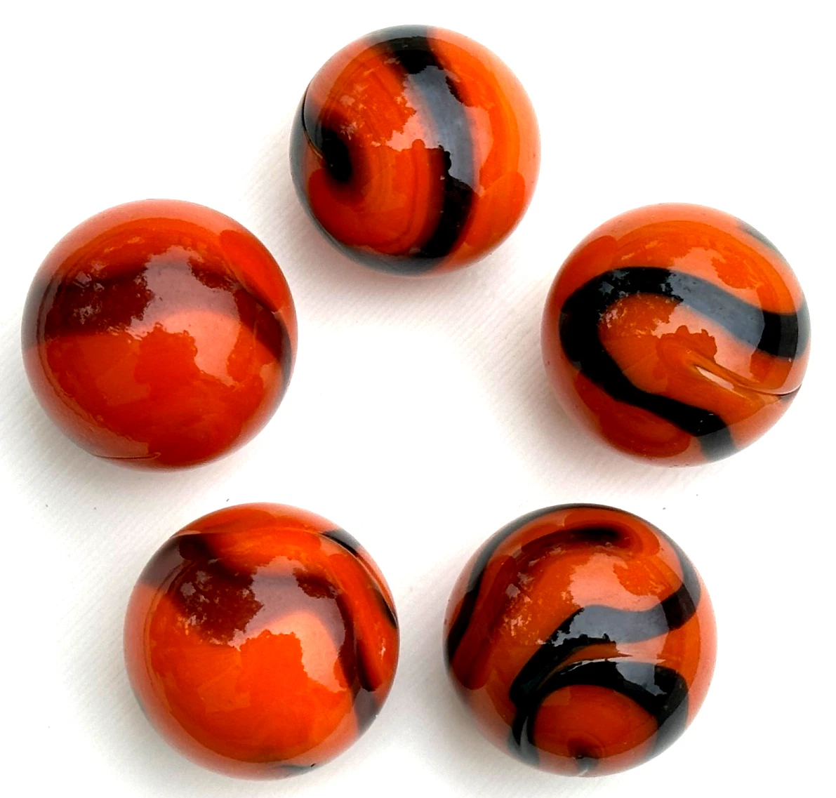 (Lot of 5) BENGAL TIGER Orange/Black Swirl  Glass Marbles 22mm (7/8 inch) SHOOTER Taw Lot