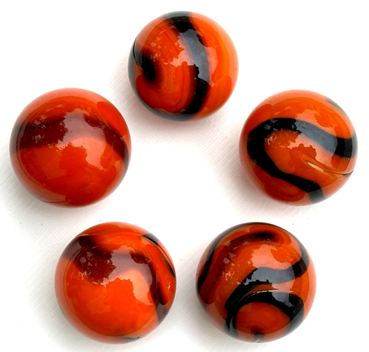 (Lot of 5) BENGAL TIGER Orange/Black Swirl  Glass Marbles 22mm (7/8 inch) SHOOTER Taw Lot