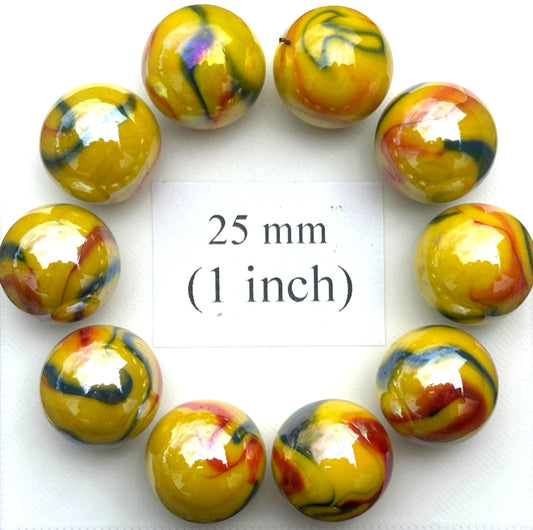 Lot of 10 TROPICANA Yellow/Red Glass Marbles 25mm (1 inch) shooter