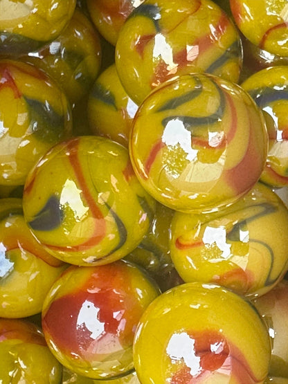 Lot of 5 TROPICANA Yellow/Red Glass Marbles 25mm (1 inch) shooter