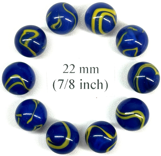 (Lot of 10) VAN GOGH Blue/Yellow Swirl Glass Marbles 22mm (7/8 inch) SHOOTER Taw Lot