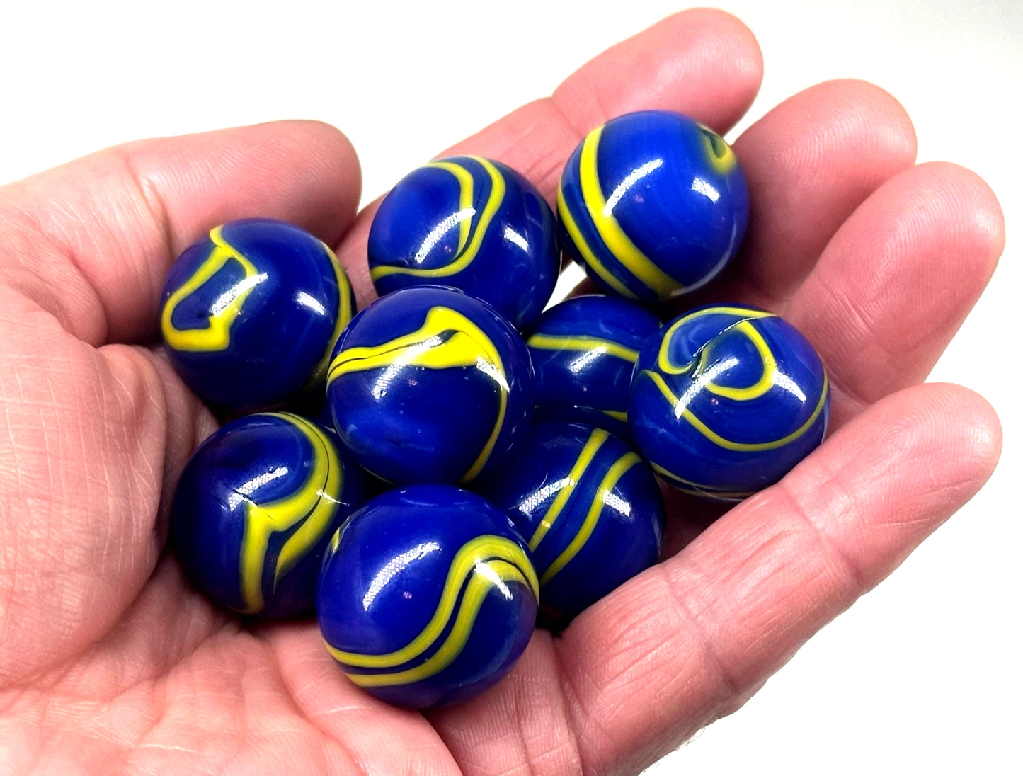 (Lot of 5) VAN GOGH Blue/Yellow Swirl Glass Marbles 22mm (7/8 inch) SHOOTER Taw Lot
