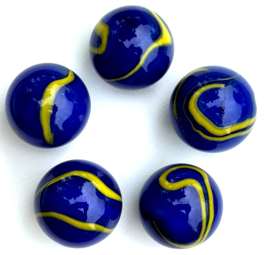 (Lot of 5) VAN GOGH Blue/Yellow Swirl Glass Marbles 22mm (7/8 inch) SHOOTER Taw Lot