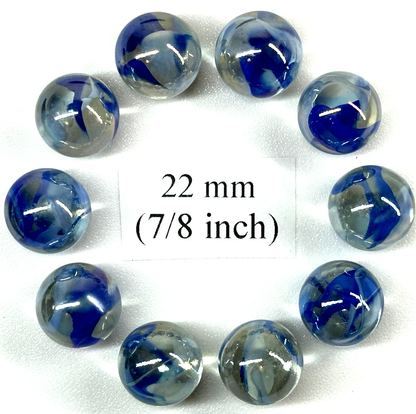 (Lot of 10) VAPOUR Clear Blue Swirl Glass Marbles 22mm (7/8 inch) SHOOTER Taw Lot
