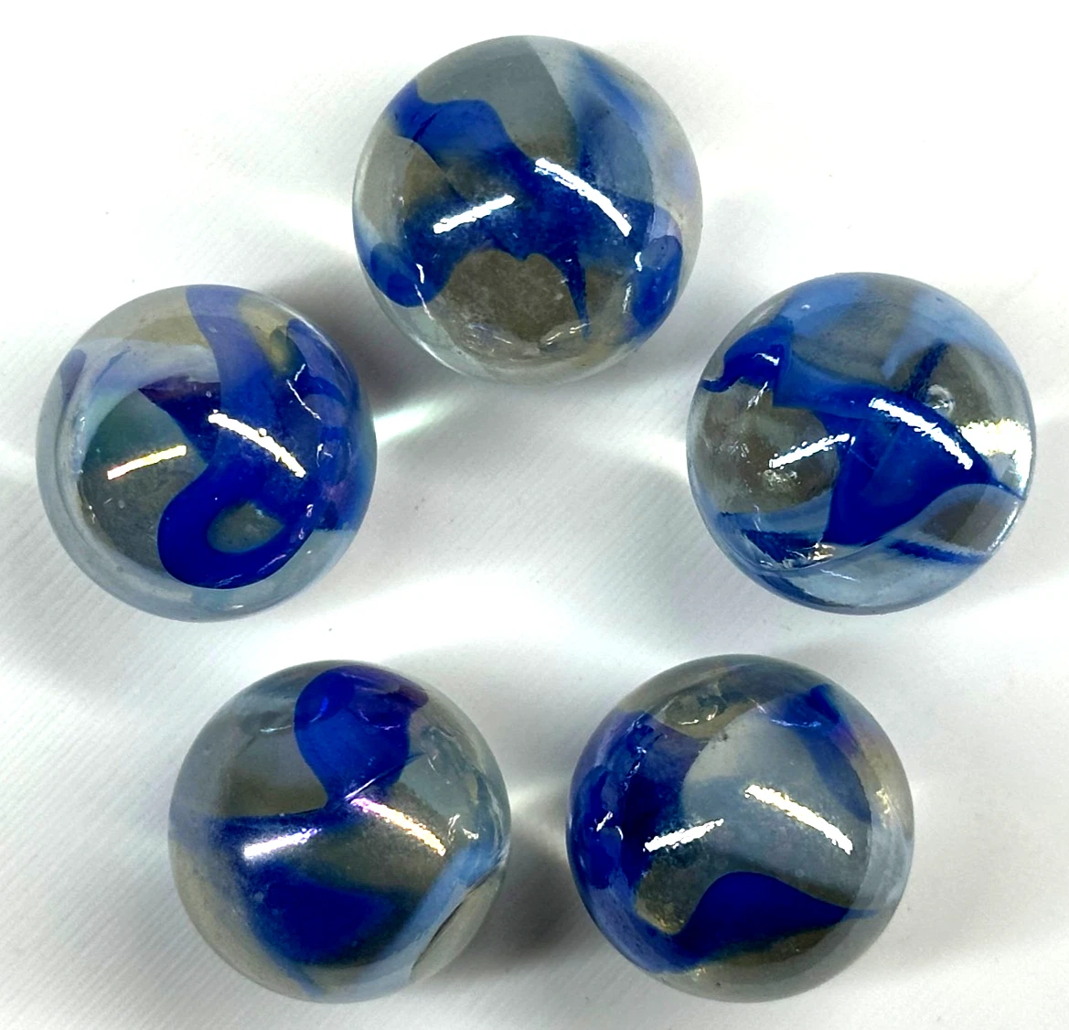 (Lot of 5) VAPOUR Clear Blue Swirl Glass Marbles 22mm (7/8 inch) SHOOTER Taw Lot