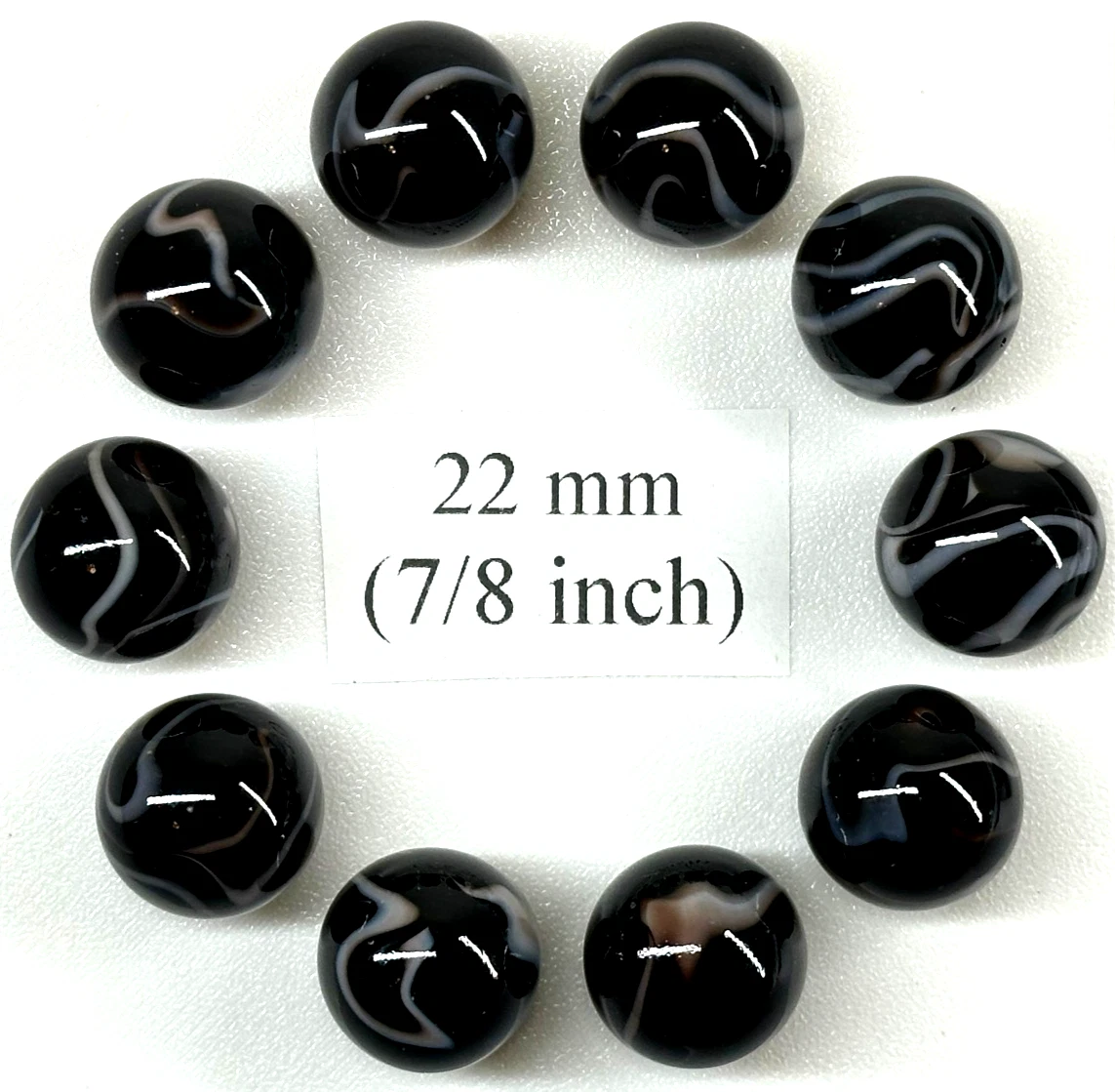 (Lot of 10) ZEBRA Black/White  Swirl  Glass Marbles 22mm (7/8 inch) SHOOTER Taw Lot