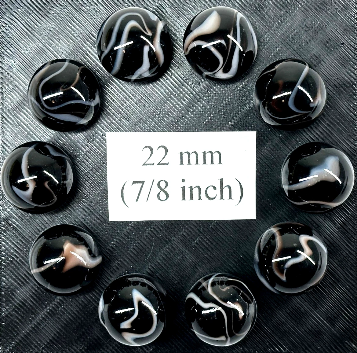 (Lot of 10) ZEBRA Black/White  Swirl  Glass Marbles 22mm (7/8 inch) SHOOTER Taw Lot