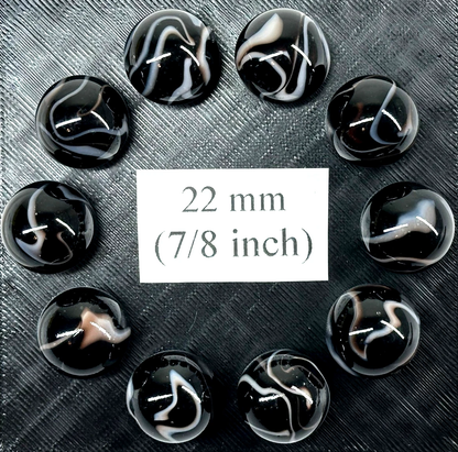 (Lot of 10) ZEBRA Black/White  Swirl  Glass Marbles 22mm (7/8 inch) SHOOTER Taw Lot
