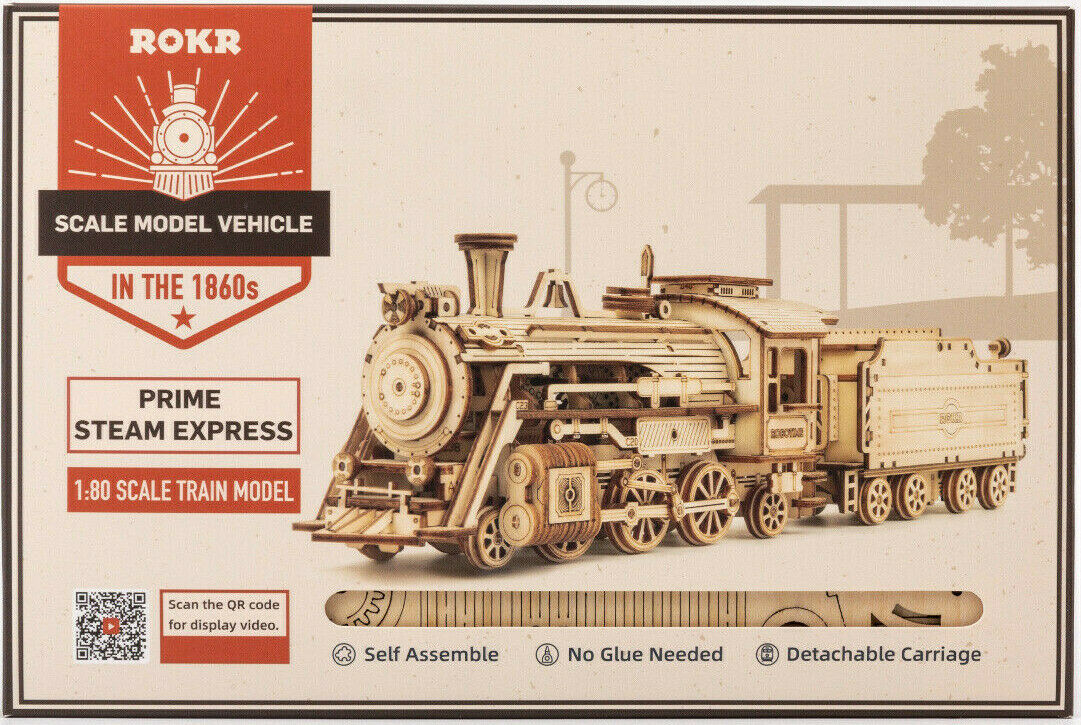 STEAM EXPRESS Train Engine Locomotive RR Wood Scale Model Kit ROKR 3D Puzzle Toy