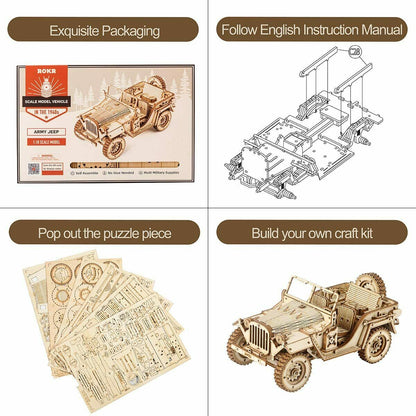 Robotime laser cut wood Army Jeep  Model Kit ROKR 3D Puzzle Toy DIY